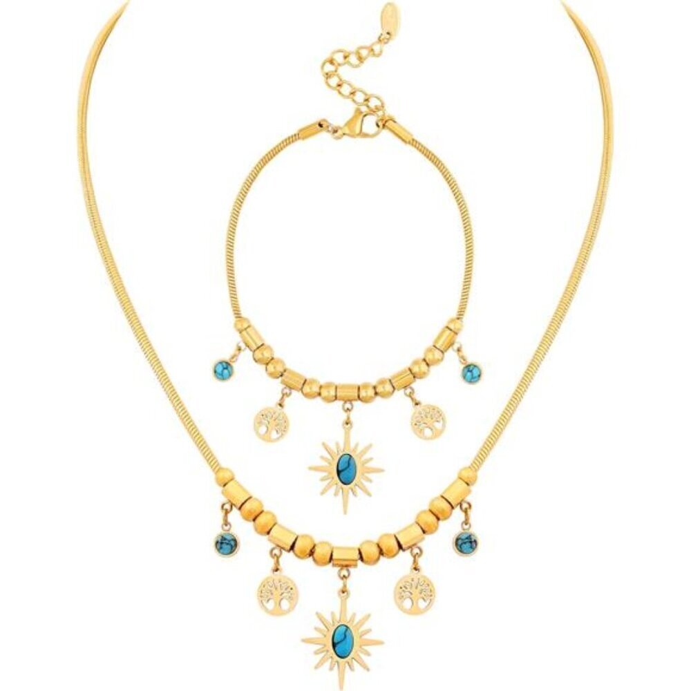 Bohemian Sun & Tree of Life Turquoise Charm Necklace and Bracelet Set
